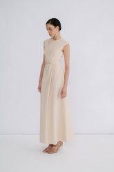 Sleeveless Crepe Maxi Dress with Asymmetric Draped Waist and Clean High Neckline